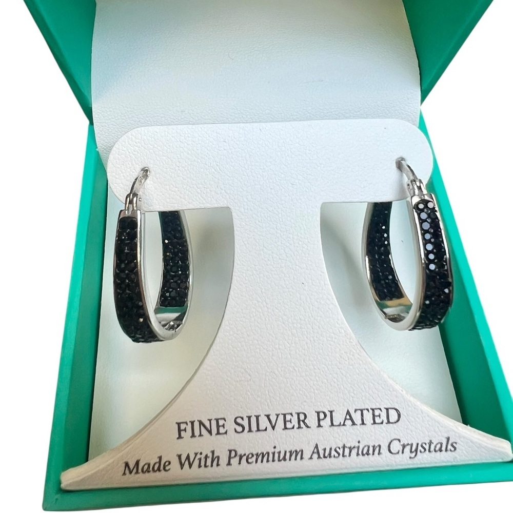 NIB Sofia James Silver Plated Austrian Black Crystal Beaded Hoops NEW!